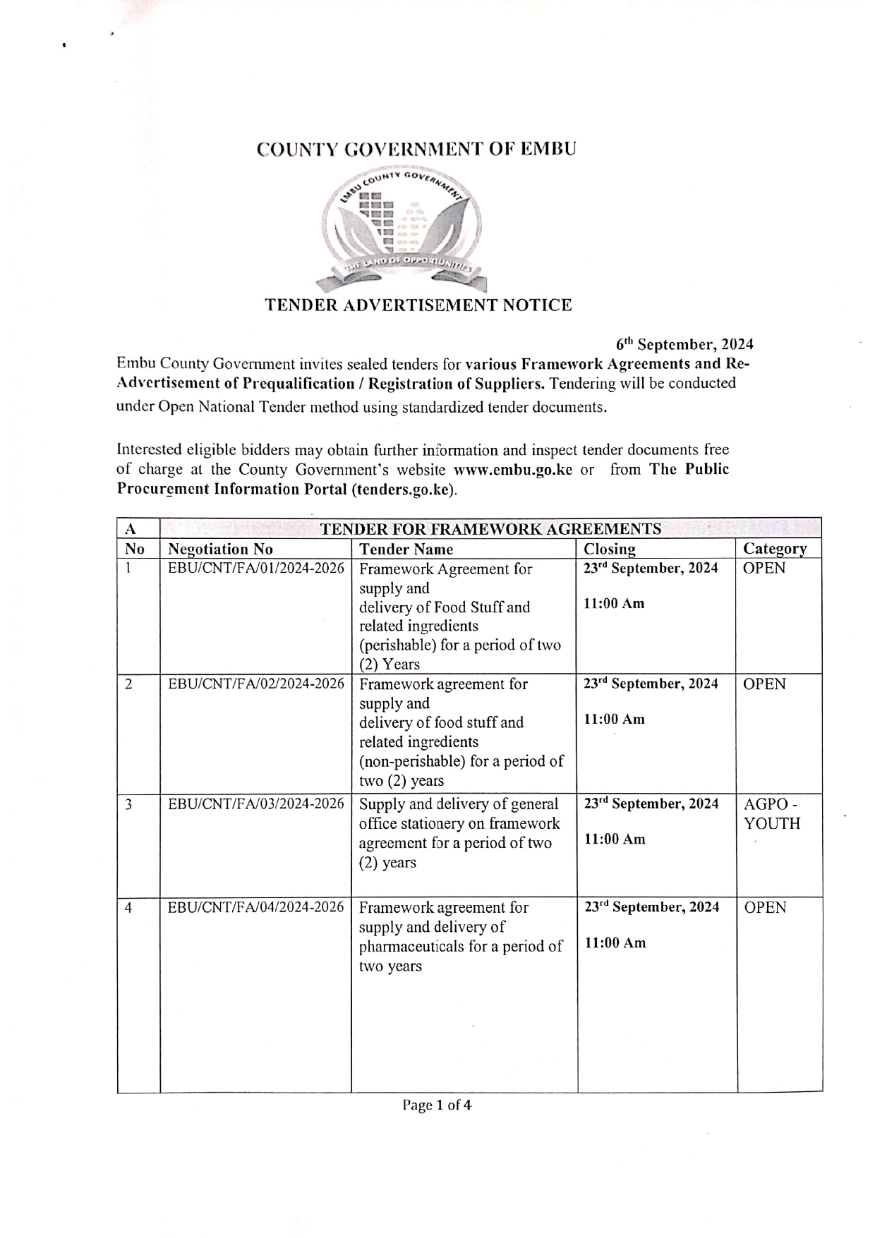 TENDER ADVERTISEMENT NOTICE